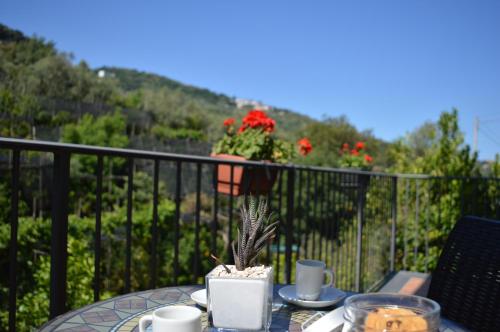 a table with coffee cups and a plant on a balcony at Il Rivolo in Sorrento