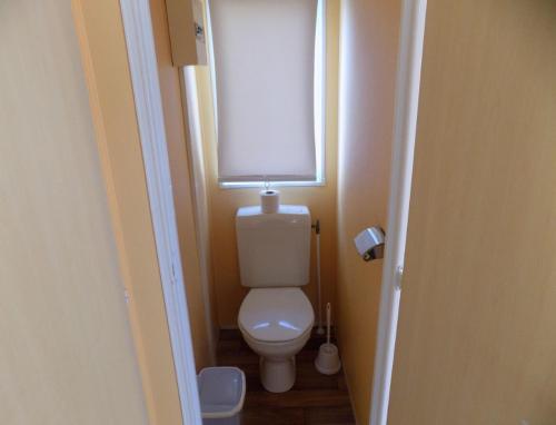 Baño pequeño con aseo y ventana en Nature's Avlis Bungalow 4XZ, en Pataias