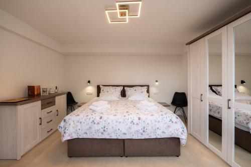 Un dormitorio con una cama grande y un espejo grande. en Lara - private parking and garden, en Razvala