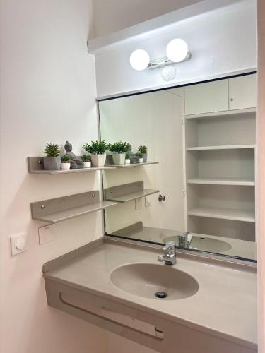 a bathroom with a sink and a mirror at Suite Sabi Vue Mer in Le Diamant
