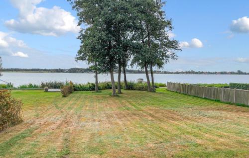 a yard with two trees and a body of water at Lovely Home In Sunds With House Sea View in Sunds