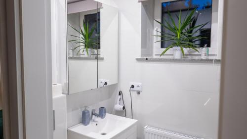 a white bathroom with a sink and a mirror at Nocleg pod dębem in Czerna