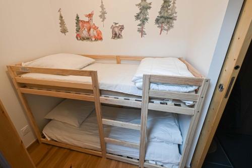 a bunk bed with two bunk beds in a room at Dans résidence neuve LE SNOW ROC sur les pistes, appartement 8 personnes 2 chambres et coin montagne avec Terrasse WIFI et SAUNA in Saint-Jean-dʼAulps