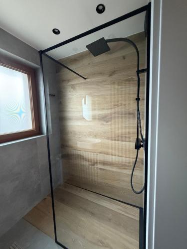 eine Dusche mit Glastür im Badezimmer in der Unterkunft Muran Apt in Zakopane