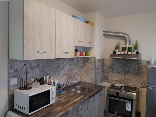 a kitchen with a sink and a microwave at Tedy in Oryakhovo