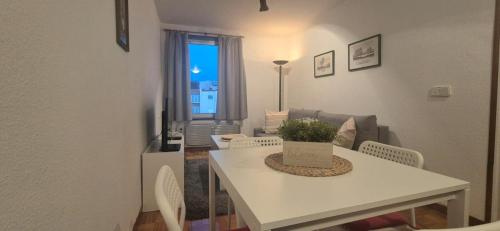 a living room with a white table and chairs at Manzaneda Natura Apartments T1 in Puebla de Trives