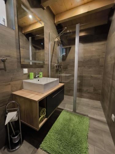 a bathroom with a sink and a shower at Almhuette MeineZeit in Donnersbachwald