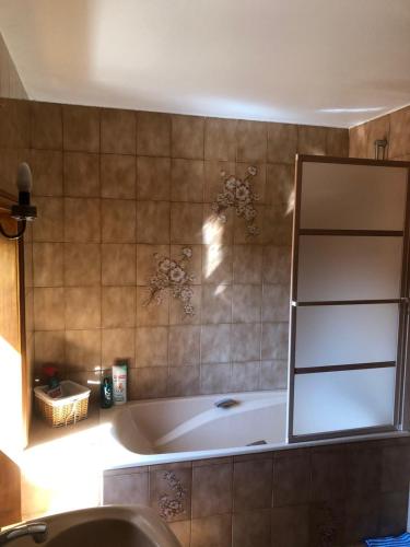 a bath tub in a bathroom with a mirror at Gîte de la Croix Mandet in Vensat