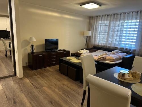 a living room with a room with a dining room at Trumpalaike buto nuoma in Panevėžys