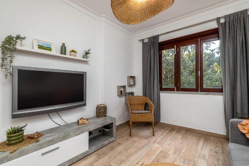 a living room with a flat screen tv on a wall at Meco Garden Retreat - near Sesimbra in Alfarim