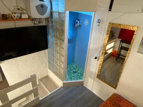 a bathroom with a blue door and a mirror at Mini House centro storico Duomo di Pavia in Pavia
