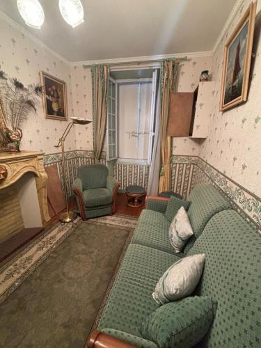 a living room with a green couch and a fireplace at Maison de charme en centre ville in Saint-Laurent-de-Médoc