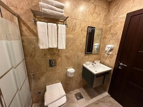 ワディ・ムーサにあるShaqilath Hotelのトイレと洗面台付きのバスルーム