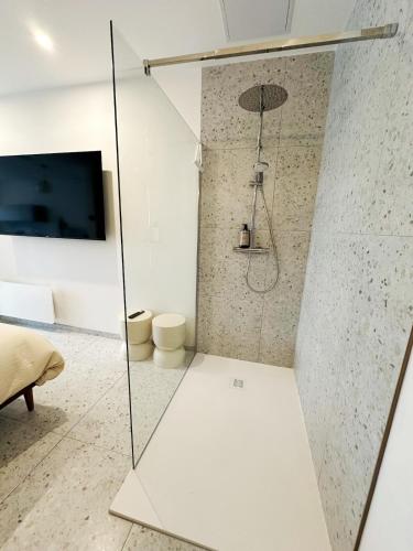 a shower with a glass door in a room at L'intemporel - Balneo, Cozy, Romantic in Lambersart