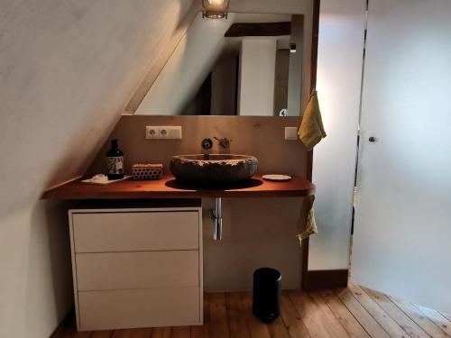 a bathroom with a sink and a mirror at Charming guest house in Nürnberg