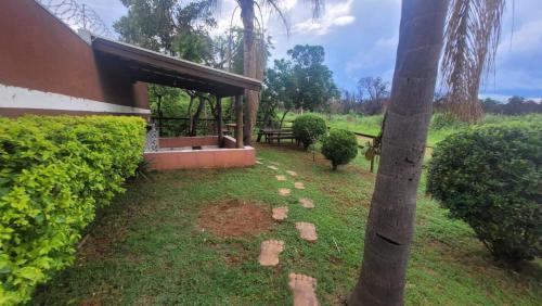 einen Garten mit einem Picknicktisch und einem Baum in der Unterkunft Chacara vale do igapó bauru in Bauru