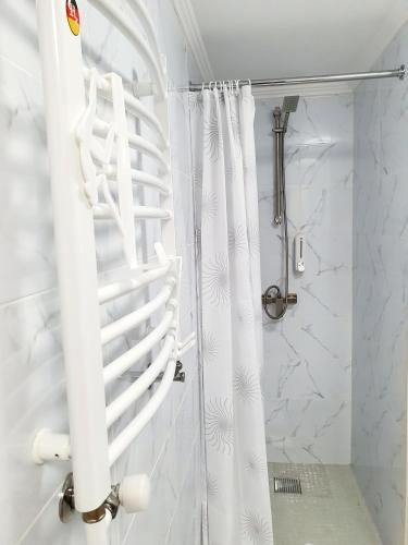 a white shower curtain in a white bathroom at Villa ZENKO in Lviv