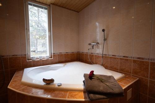 a bathroom with a bath tub with a window at Spacious detached house for a larger group in Rovaniemi