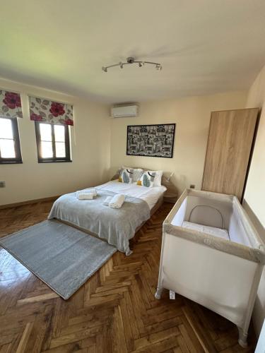 a bedroom with a bed and a bath tub at Apartment Zdravets, in the heart of the old city in Veliko Tŭrnovo