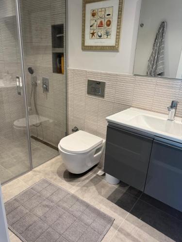 a bathroom with a toilet and a sink and a shower at Urla Villa in Urla
