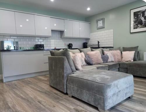 a living room with a couch and a kitchen at New Cosy three bedroom house in Ballingarry Limerick Near Adare in Limerick
