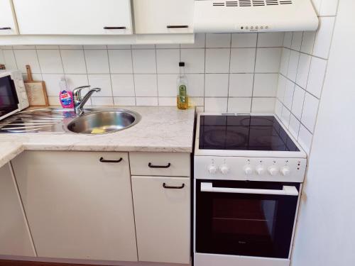a kitchen with a sink and a stove top oven at Costal Stay with Forest Views in Helsinki