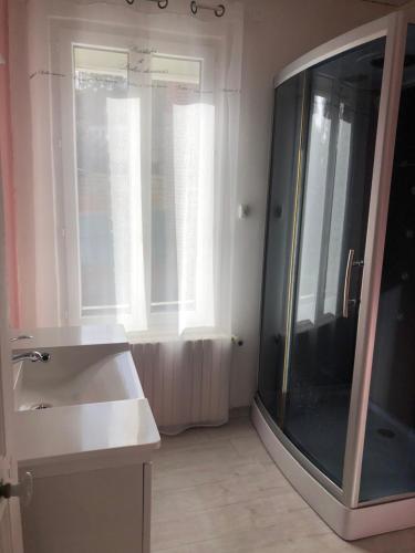 a bathroom with a shower and a sink and a window at Maison individuelle avec Jardinet in Arques-la-Bataille