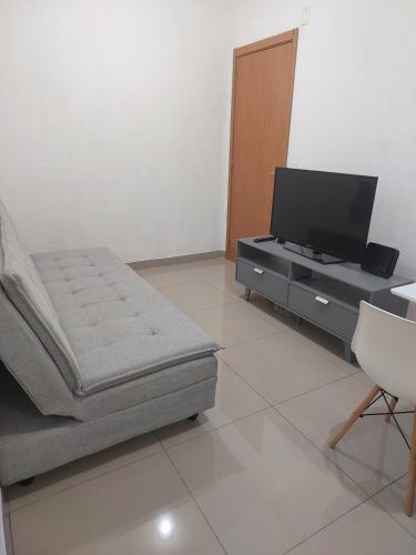 ein Wohnzimmer mit Fernseher und Sofa in der Unterkunft Apartamento novinho e aconchegante in Piracicaba