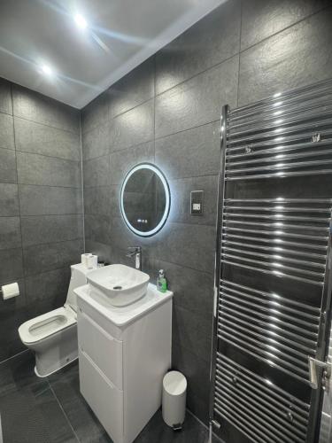 a bathroom with a toilet and a sink and a shower at Palm Bay Residency in Cliftonville