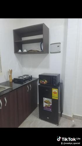 une cuisine avec une cuisinière et un micro-ondes dans l'établissement Meg place, à Amamoli
