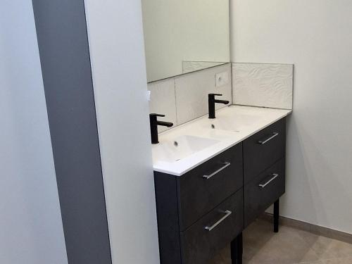 a bathroom with a sink and a mirror at Maison de charme en bord du Loir, 6-8 pers, proche Zoo de La Flèche, piscine à venir, parking inclus - FR-1-410-429 in La Flèche