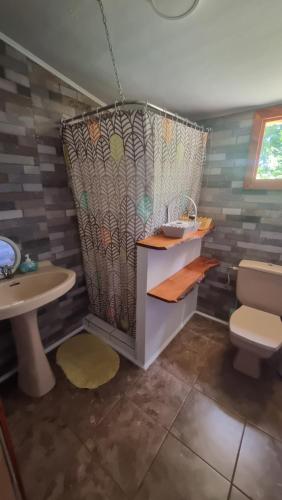 ein Badezimmer mit Toilette und Waschbecken in der Unterkunft Cabaña y hostal antupiren 