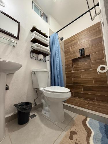 a bathroom with a toilet and a shower at Aluna Beach - Playa Miramar in Ciudad Madero