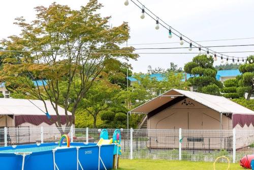un parc aquatique avec une piscine et un bâtiment dans l'établissement Seosan Pet Glamping Pension Pet N Tree, à Ch'ŏngsal-li