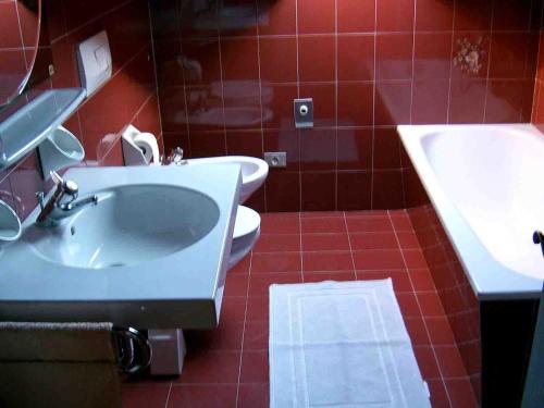 a red tiled bathroom with a sink and a toilet at Appartments Hilber in Brunico