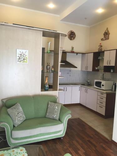 a living room with a green couch in a kitchen at Kiev Centre Apartments in Kyiv