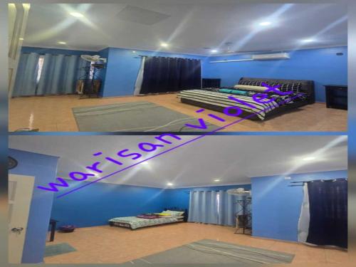 two pictures of a room with a blue wall at Homestay Warisan Violet Bertam Jaya in Melaka