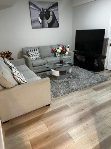 a living room with a couch and a tv at Bedroom in the basement Upland 2 in Edmonton