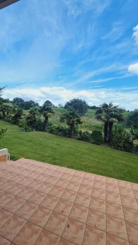 a patio with a view of a field and palm trees at Scenic Coastal Gem with Pool, Tennis, Securely Gated in Whangaparaoa