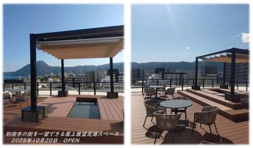 eine Terrasse mit Tisch und Stühlen und ein Pavillon in der Unterkunft BEPPU Sento in Beppu
