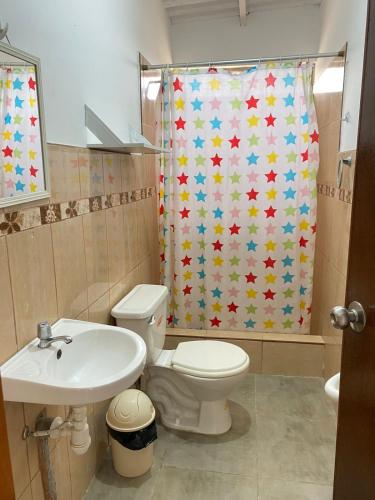 a bathroom with a toilet and a sink and a shower curtain at BOCARENA in Bocapán