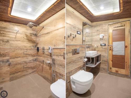 two pictures of a bathroom with a wooden wall at Bombay Residency in Pahalgām
