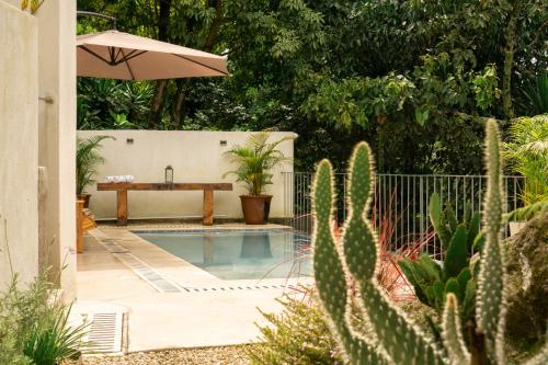 a swimming pool with a table and cactus at Aviva Hotel in Tzununá