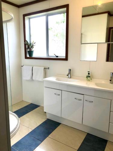 a bathroom with a sink and a toilet and a window at Freestone House in Manapouri