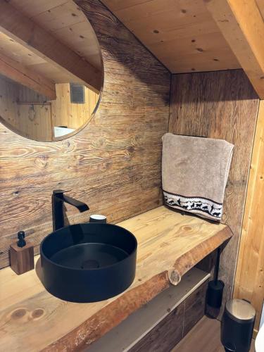 a bathroom with a sink in a wooden cabin at Chalet Zytrösli in Sigriswil