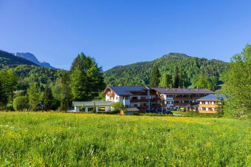 a house in a field of grass with mountains in the background at Ferienwohnungen Weiherbach - Hallenbad in Berchtesgaden
