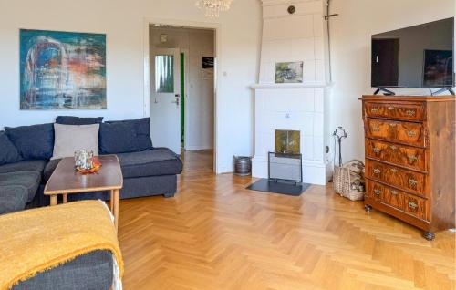 a living room with a blue couch and a fireplace at 2 Bedroom Stunning Apartment In Högsby in Högsby