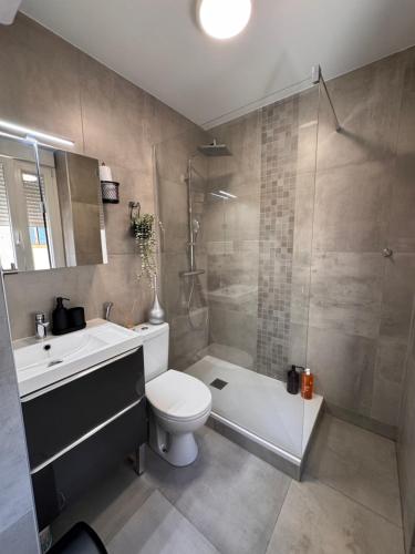 a bathroom with a toilet and a sink and a shower at Cozy apartment 15 minutes from Lyon in Saint-Fons
