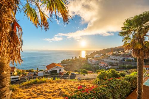 a view of the ocean from a house with a palm tree at Magnolia Sunsets in Calheta
