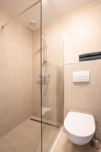 a bathroom with a toilet and a glass shower at B&B De Hoffstal in Sassenheim